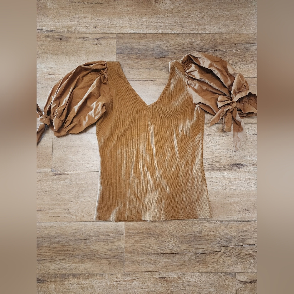 Anthropologie Maeve Puff Sleeves Bow Tie Ribbed Cotton V Neck Blouse S Tan Brown - Picture 5 of 9